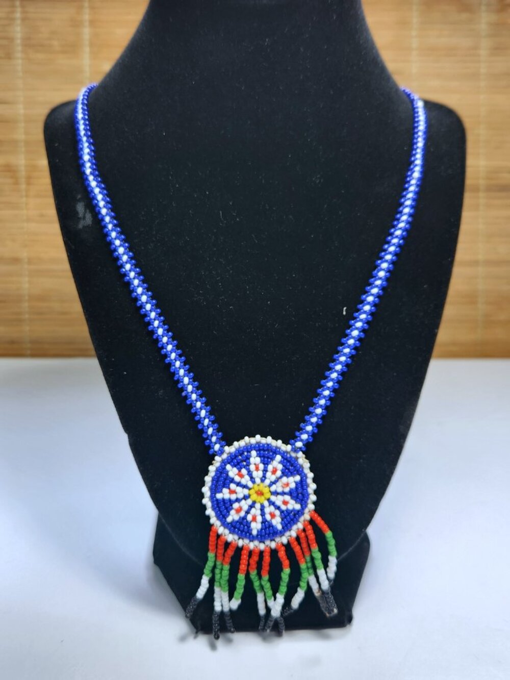 Vintage Seed Bead Medallion Necklace Cobalt Blue Starburst Boho Fringe